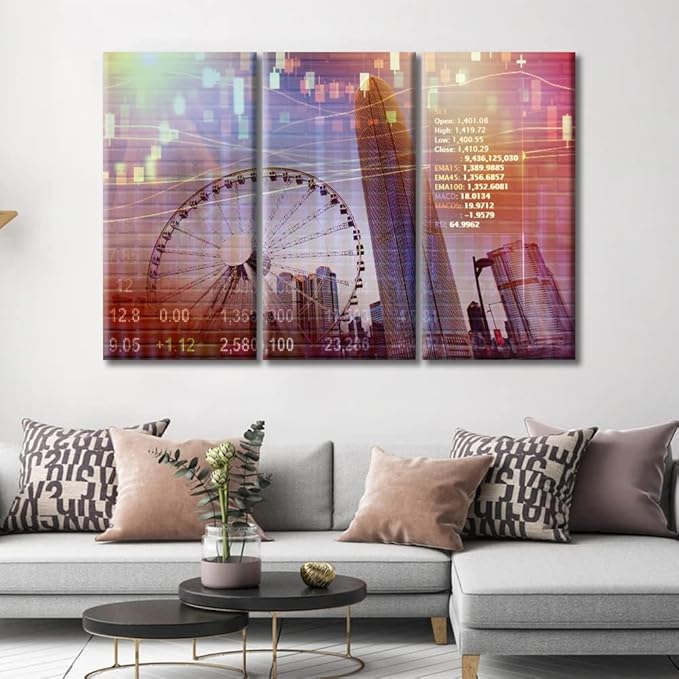 TUMOVO Stock Market on Display Canvas Paintings Wall Art for Living Room 3 Piece Urban Background Artwork Wall Decor Living Room Stock Market Picture Print on Canvas Framed Ready to Hang (60" Wx40 H)