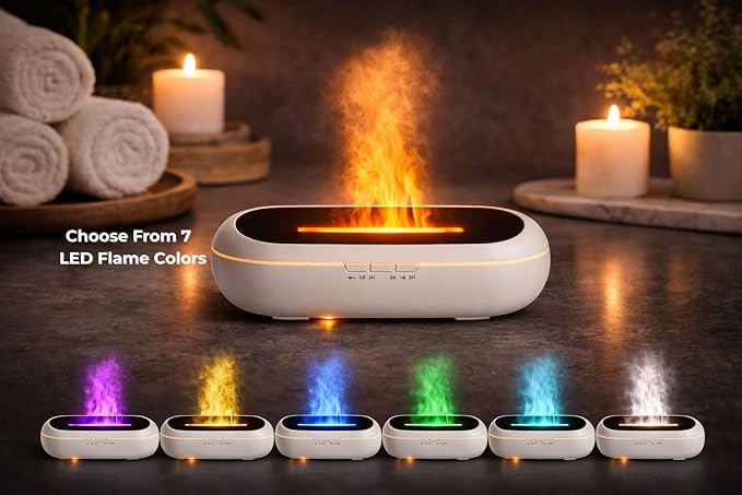 AquaAura Flame Diffuser – Flame Effect Essential Oil Diffuser & Humidifier, 160ml Aromatherapy Diffuser with 7 LED Colors, Cool Mist Humidifier with 1H/3H/6H Timer Auto Shutoff