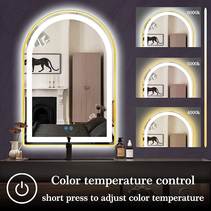 20 x 30 Inch Gold Framed Arch LED Mirror for Bathroom Salon Wall Table Arch Makeup Vanity Mirror with Lights Gold Frame Smart Memory 3 Color Dimmable AntiFog 30 Golden Arched Lighted Mirror
