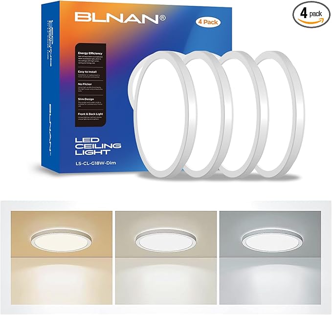 BLNAN LED Flush Mount Ceiling Light, 8.66 Inch 18W 3000K/4000K/5000K Hardwire Light Fixture, Ultra Thin Round White Lamp for Kitchen Porch Bedroom Hallway Stairwell Basement, Non-dimmable 4 Pack