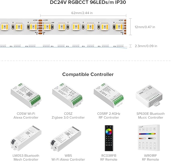BTF-LIGHTING RGBCCT 5 Colors in 1 LED Tape Lights 5050SMD RGBWW RGB+Dimmable Color Temperature 2700K-6500K 16.4ft 96LED/m 480LED IP30 DC24V White PCB for Home Decoration(No Adapter or Controller)