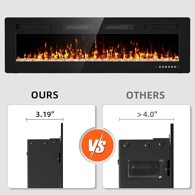 60” Electric Fireplace Recessed and Wall Mounted Fire Places with Remote Control, Touch Screen