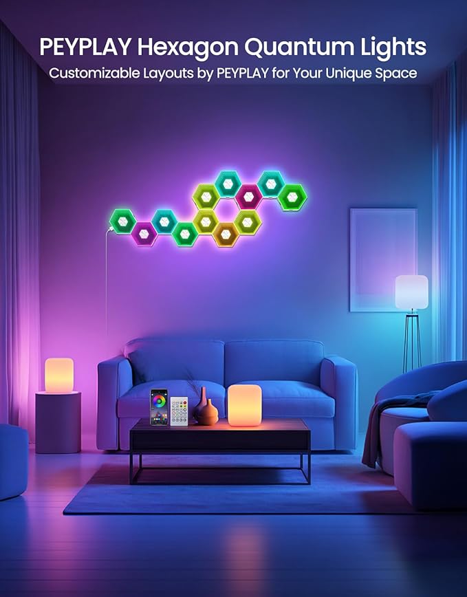 Hexagon Quantum Lights – Modular DIY Wall Panels, RGB+IC 16M Colors with Music Sync, APP & Remote Control, Immersive Lighting for Gaming Rooms, Home Decor, Parties and Gifts