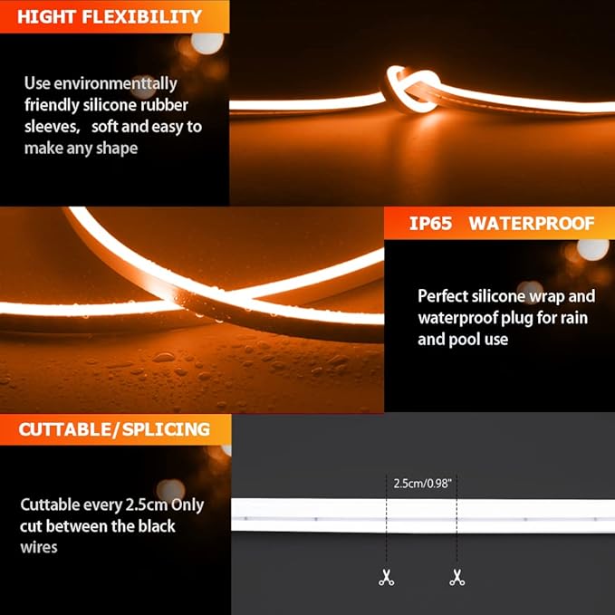 32.8FT/10M/2PCS Orange LED Neon Light Strip with Installation Accessories - Flexible Waterproof 12V DC Rope Lights for Eye-Catching Indoor & Outdoor Decoration [Adapter Not Included]