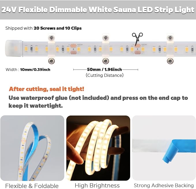 SuperlightingLED DC24V 3000K White LED Strip for Sauna Lighting, Flexible Long 5m 16.4ft 120 LEDs/m High-temperature Resistant IP68 Waterproof LED Strip Light for Steam Room (3000K Warm White)