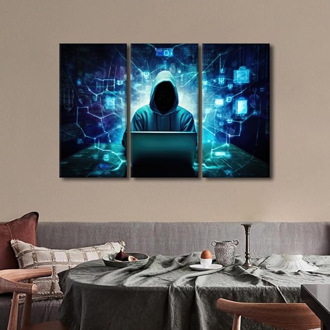Hacker Malware Pictures for Home Wall Decor AI Big Data Wall Art on Canvas Hacker Paintings Giclee Artwork 3 Pieces Canvas Prints for Living Room Décor Stretched and Framed Ready to Hang, 42"Wx28"H