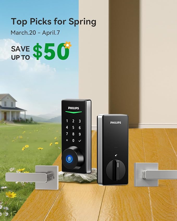 Philips Smart Lock with Handles, Keyless Entry Door Lock Set, Keypad Door Lock with 2 Level Handles, Digital Keypad Deadbolt for Front Door, App Fingerprint PIN Code Unlocking, Auto Locking