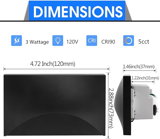 Energetic 120V LED Stair Lights - 2200K/2700K/3000K/4000K/5000K Indoor Step Lights, 3W Outdoor Stairway Lights, CRI90, ETL Listed, Wet Location, Aluminum, 5CCT, Black, Pack of 4