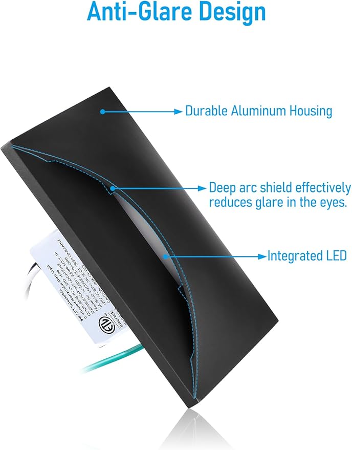 LEONLITE Black 5CCT 120V LED Step Lights, 150LM 5%-100% Dimmable Stair Lights Indoor Outdoor IP65 Waterproof, Aluminum Anti-Glare Shell, CRI90 ETL 2700K/3000K/3500K/4000K/5000K, Pack of 6