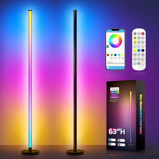 LED Floor Lamp, 63-Inch RGB Corner Light with Music Sync, Smart App Control, 16 Million Colors, Remote Control for Living Room, Bedroom, Gaming Room (2 Pack)