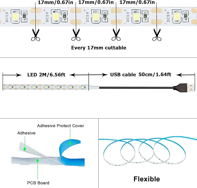 USB LED Strip Light Cool White 6000K 5V USB Powered 13.12ft/4M 240LEDs Flexible SMD2835 High Brightness No-Waterproof IP20 LED Tape Lights(2pcs x 6.6ft)