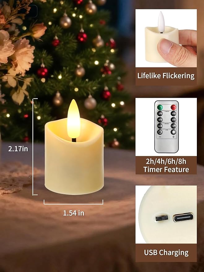 Rechargeable Flameless Candles with Remote Timer, 6pcs Flickering Tea Lights Candles Battery Operated, Fake Votive Candles for Home Decor, Easter, Wedding Party and Valentines Decor