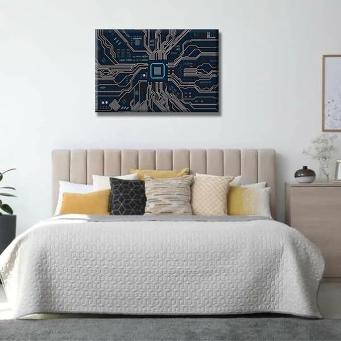 1 Panel Canvas Wall Art Computer Chip Wall Art for Living Room CPU Concept Wall Decorations Electronic PC Abstract Home Decor Modern Artwork for Home Walls Giclee Framed Ready to Hang 16X24 INCH