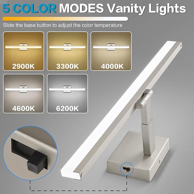 SOLFART LED Vanity Lights Fixtures - 24 inch Brushed Nickel Retractable Modern Bathroom Light Fixture Over Mirror 5CCT
