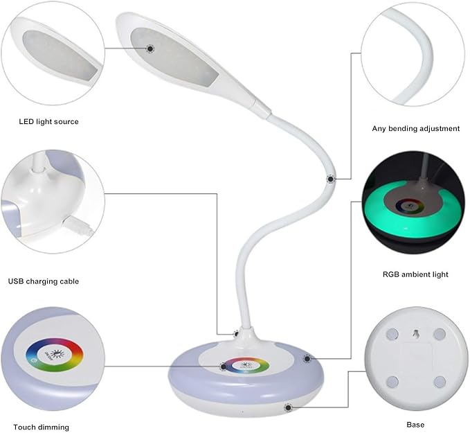 LED Desk Lamp, Dimmable Eye Caring Reading Desk Light RGB Dimmable Office Lamp Desktop Supplies