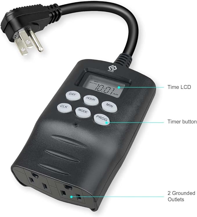 Outdoor Digital Timer for Lights – 7-Day Programmable Plug-in Timer with 2 Grounded Outlets – Ideal for Home and Landscape Lighting – 15A, 1/2 HP, UL Listed