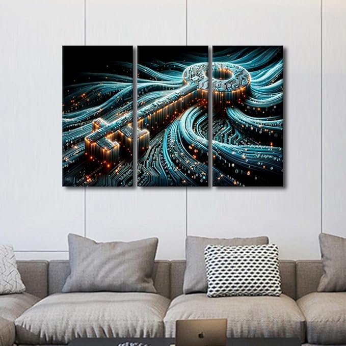 TUMOVO 3 Panel Bedroom Wall Art Cyber Security Concept with Key on Circuit Board Pictures Posters, Modern Art for Home Hotel Office Wall Decoration, Stretched Framed Ready to Hang, 42" Wx28 H