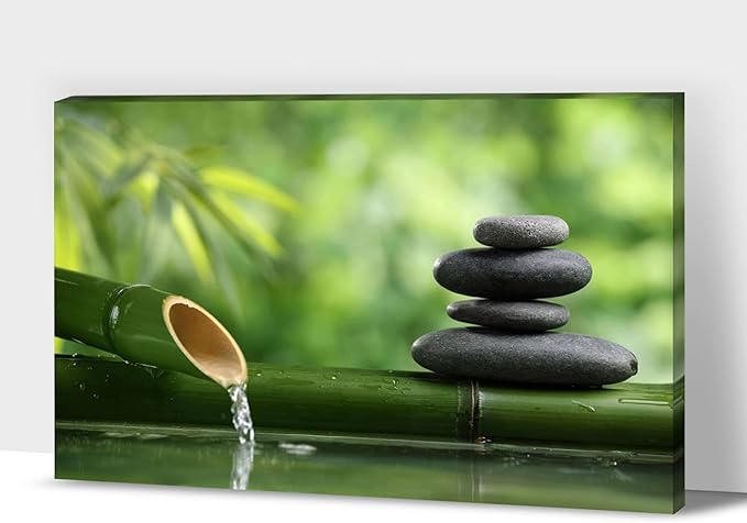 GUTTATY Zen Wall Art Decor, Modern Bathroom Zen Decor Wall Art, Canvas Wall Art for SPA Zen Room Decor, Green Bamboo and Pebble Relaxing Zen Art Prints for Office & SPA Wall Decor 12x18 Inches