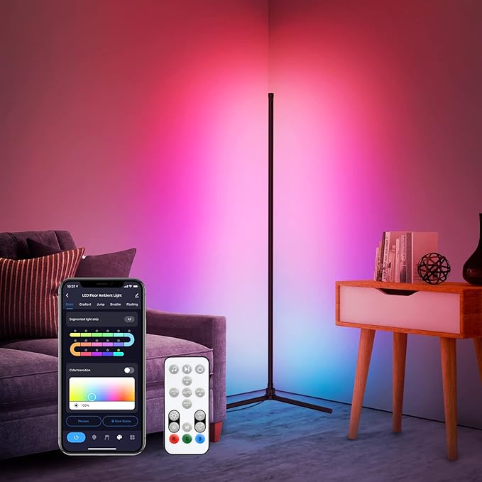 Generic RGB Corner Floor Lamp, Smart WiFi App Control, DIY Mode, Music Sync, Timer Setting, LED Corner Lamp for Bedroom, Living Room, TV, Game Room - Right Angle Base