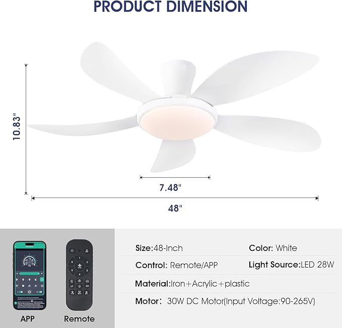 48" Modern White Ceiling Fans with Lights and Remote/APP,Low Profile Ceiling Fans with Quiet Reversible DC Motor, Dimmable 3 Colors Led, 6 Wind Speeds