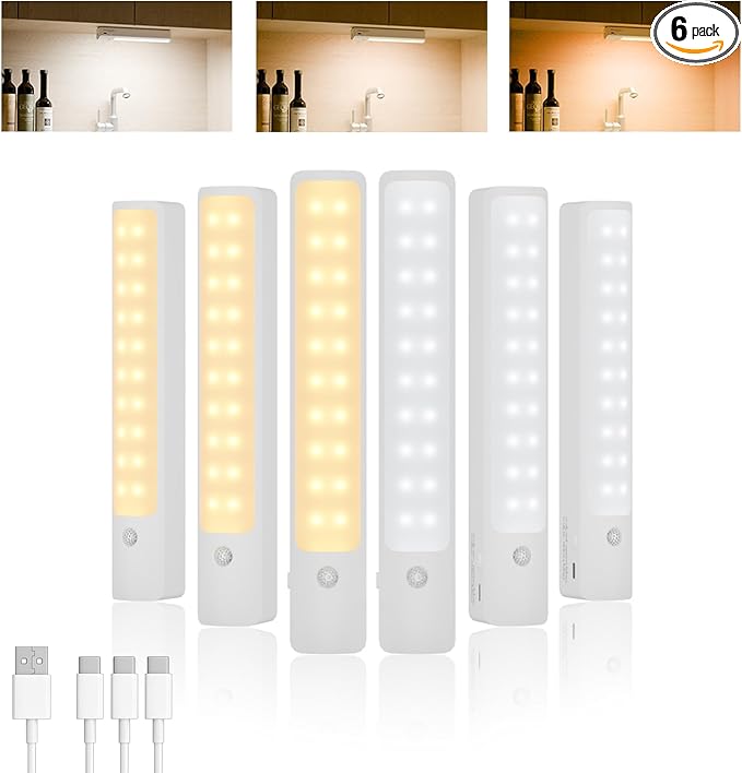 Under Cabinet Lighting Wireless, 2200mAH Rechargeable Stair Lights, 6 Pack -3 Color Temperatures &2 Modes, Equipped with a 3-in-1 Charging Cable, Under Counter Lights for Kitchen