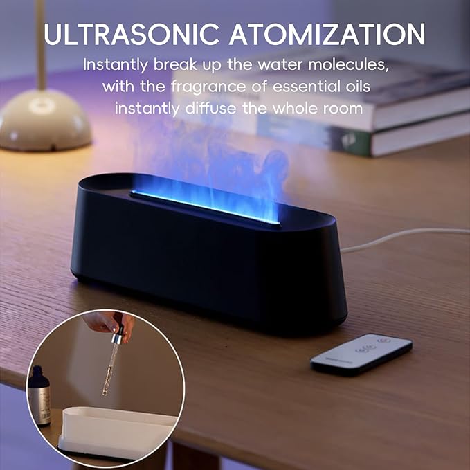 Essential Oil Diffuser, Fireplace Flame Fire Oil Diffuser, 250ml Cool Mist Aromatherapy Humidifier, Scent Diffuser with 7 Colors Light, Remote Control, Timer & Auto-Off for Home, Room (Black)