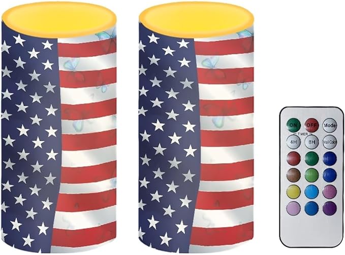 Flameless Candles LED American Flag Decorative Candles Butterfly Print Battery Operated Ornage Flickering Candles with 18-Key Remote Timer Pillar for Home Living Room Party Table Decorations