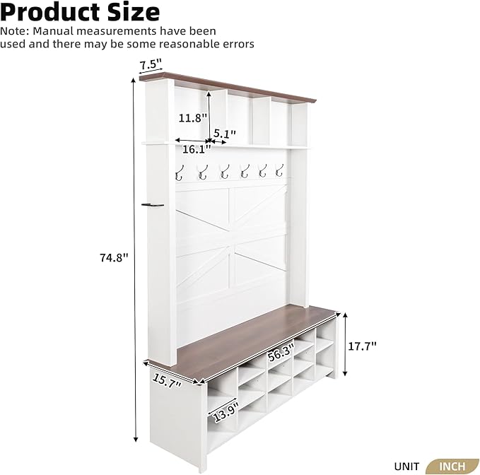 Farmhouse 4-in-1 Hall Tree with 6 Hooks, Practical Walnut Entryway Bench with Adjustable Shelves, Wooden Style Rustic Shoe Organizer with 16 Open Compartments for Mudroom, Living Room (White/8C)
