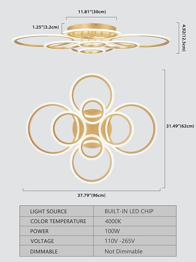 Vikaey Modern LED Flush Mount Ceiling Light, 8 Rings Gold Close to Ceiling Light Fixtures, Living Room Lighting Ceiling Lamp for Dining Room, Bedroom, Kitchen, 4000K Not Dimmable