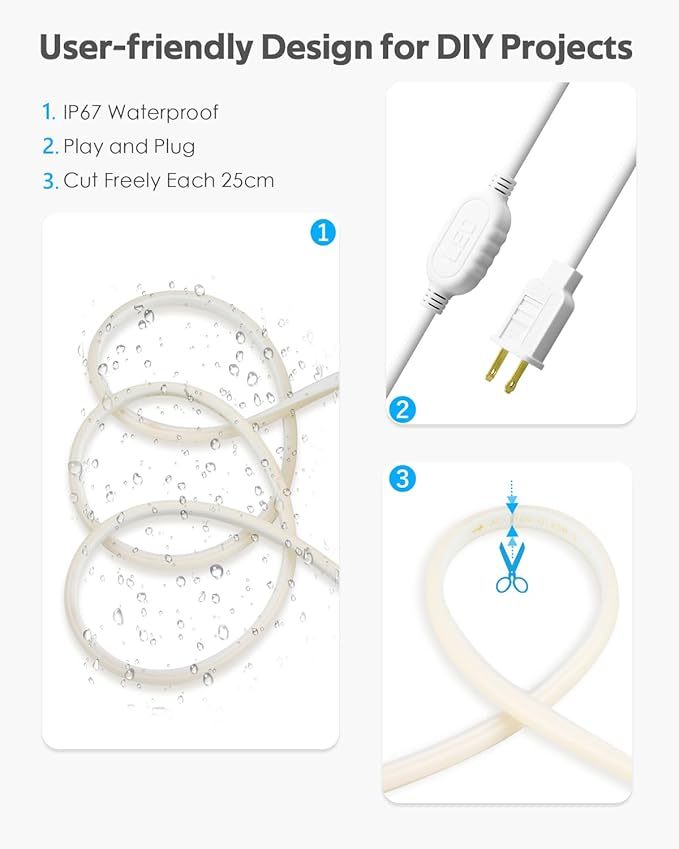 Waterproof COB Led Rope Lights Outdoor 200FT IP67 Warm White 3000K AC 110~120V Flexible Led Light Strip for Outside 288Leds/M High Density Uniform COB Light LED Strip Plug in 60M