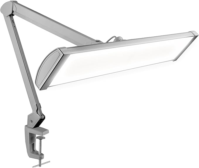 Neatfi Ultra 3,500 Lumens LED Desk Lamp – 45W, 26” Wide Metal Shade, 270 SMD LEDs, Shadow-Free | Adjustable Brightness | Non-Flickering Task Light for Nail, Craft & Office (Non-CCT with Clamp, Silver)