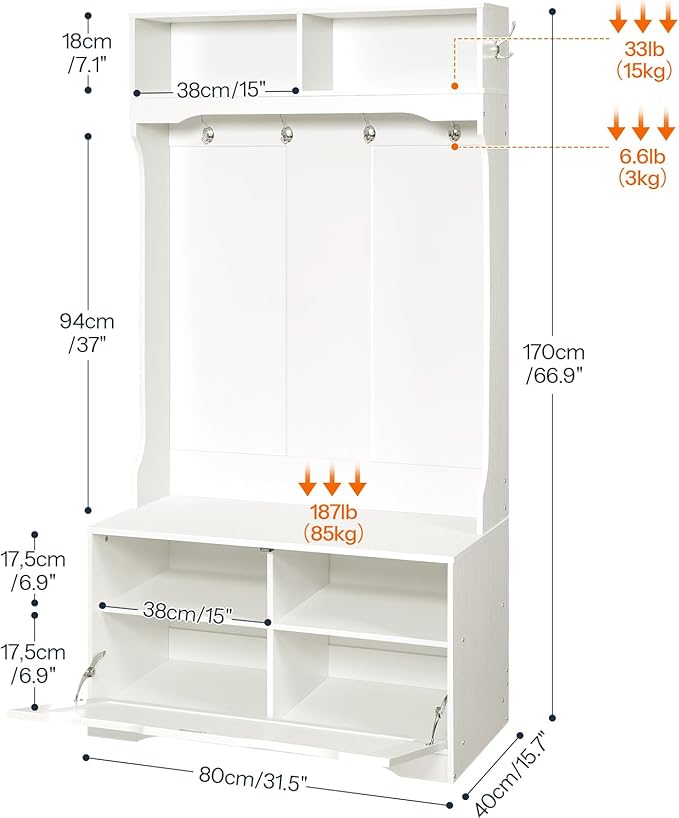 HOOBRO Hall Tree with Bench and Shoe Storage, Entryway Bench with Coat Rack and Shoe Cabinet, Flip-Down Cabinet Door, Coat Rack with Shoe Rack, for Mud Room, White WT84MT01