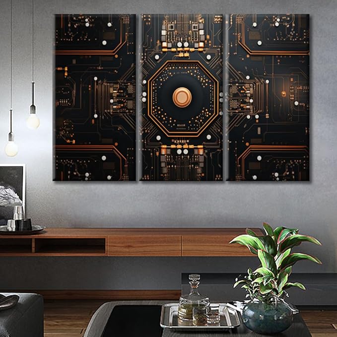 Advanced Electronic Circuit Modern Wall Art 3 Panels Computer Processors CPU Picture Contemporary Artwork Print On Canvas Bedroom Wall Art for Living Room Framed Ready to Hang 60"Wx40"H