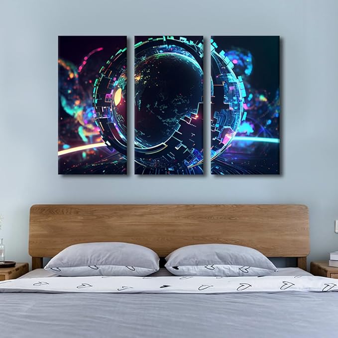 TUMOVO 3 Panel Wall Art Neon Colorful Global World in Cyber Space Poster on Canvas, Modern Wall Art for Home Office Decoration, Concept Artwork Stretched Framed Ready to Hang, 42" Wx28 H