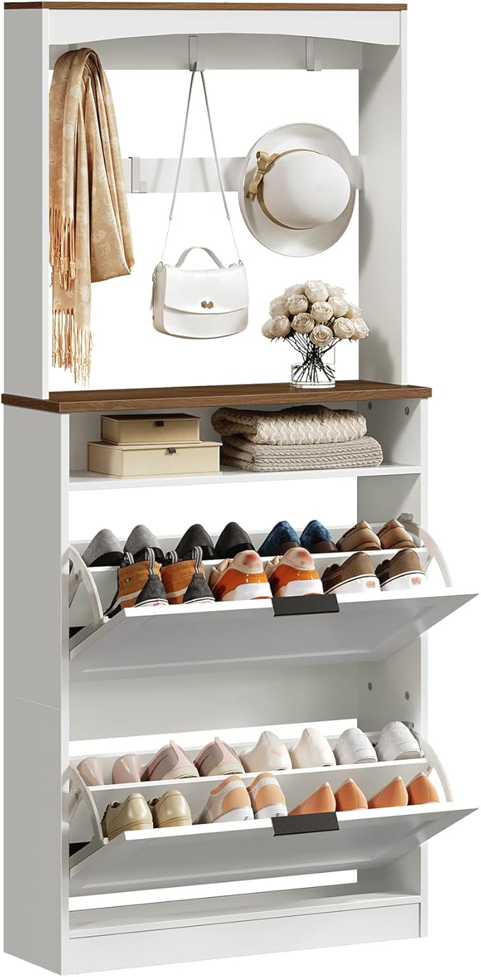 Tall Shoe Cabinet with Flip Drawers and Coat Rack, Floor Standing Modern Shoe Storage Organizer, 2-in-1 Hall Tree with Movable Hooks and Open Shelves, for Entryway, White and Walnut SC01WHY1