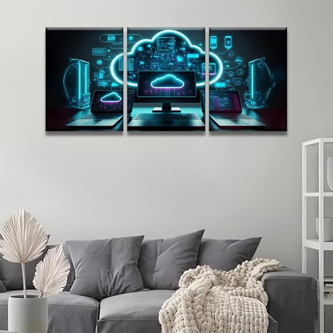 LSIUHWUWI 3 Panel Canvas Wall Art Modern Cloud Technologies Neon Colors Cyber Space Pictures Print On Canvas for Living Room Bedroom Wall Decoration, Posters Ready to Hang, 12x16inchx3