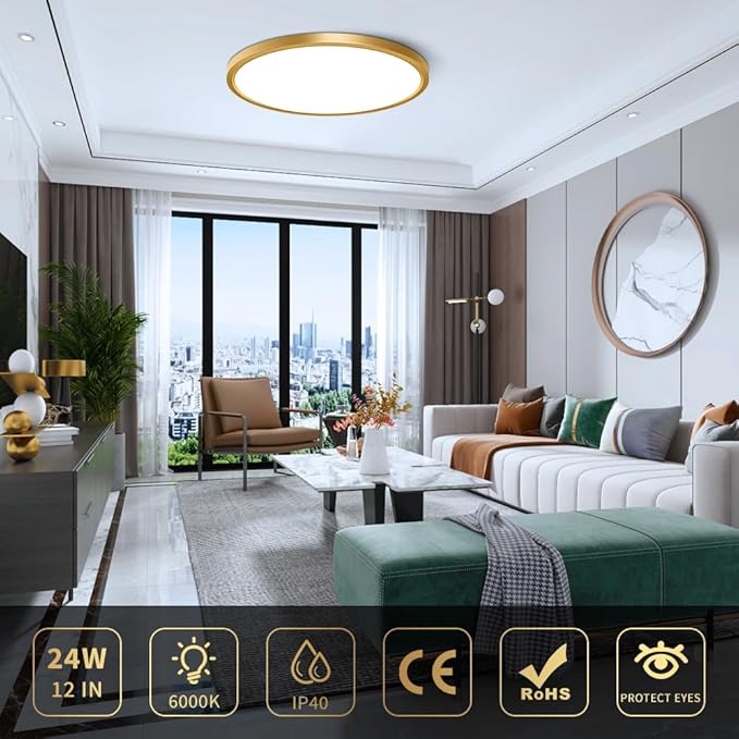 12Inch Gold Flush Mount Ceiling Light Fixture , 24W(240W Equivalent), 3200LM, 6000K Cool White, IP40, Flat Modern Round LED Ceiling Lights for Bedrooms, Living Rooms, Bathrooms, Stairwells, etc.