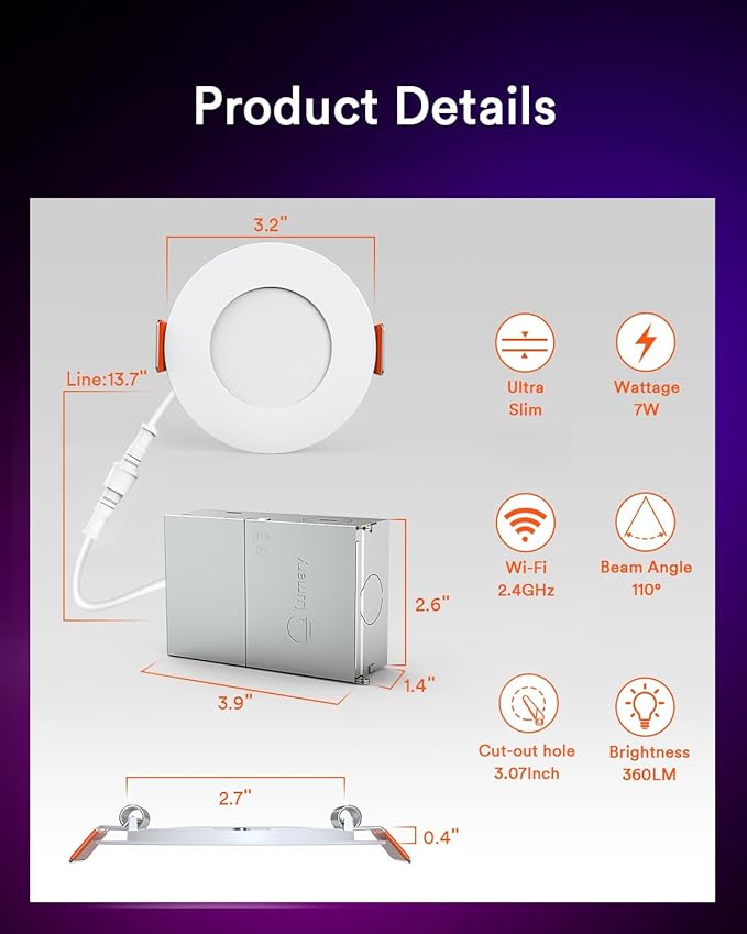 Lumary 3 Inch Smart LED Recessed Light, Color Changing Wafer WiFi Ceiling Downlight, Canless w/J-Box, Compatible with Alexa/Google/Remote-Not Included, 7W 350Lm, 4 Pack