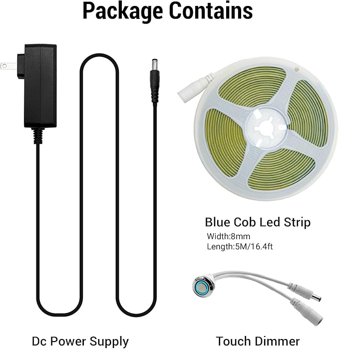 HAMRVL COB LED Strip Lights Blue, 16.4ft DC12V Dimmable LED Lights with 1600 LEDs,Touch Dimmer,12V Adapter,Bright Dotless Adhesive Indoor COB LED Strip Lights for Cabinet Home DIY Lighting Projects