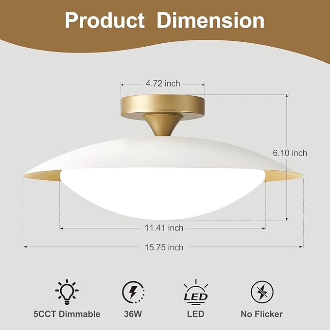 Dimmable Mid Century Modern Ceiling Light,5CCT LED White and Gold Semi Flush Mount Ceiling Lighting, for Kitchen Bedroom Hallway Bathroom 2700K-6000K 15.75 in