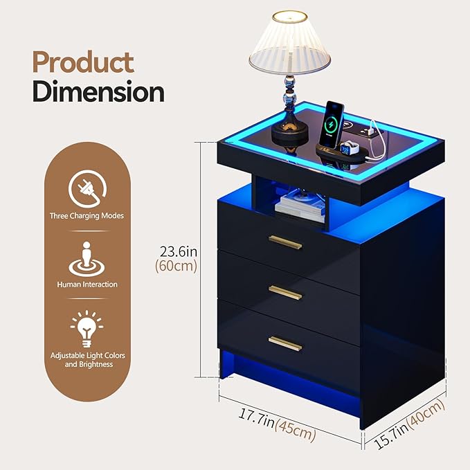 Black Night Stand with Wireless Charging Station,Smart Bedside Table with 3 Drawers,Modern Glass Top End Side Table with 3 Color Dimmable,LED Nightstand for Bedroom