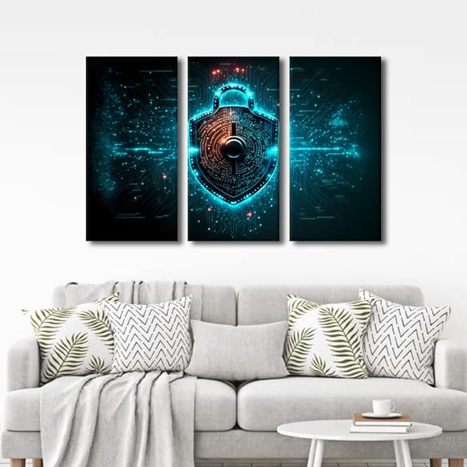 TUMOVO 3 Panel Modern Wall Art Binary Code Lock Picture Prints on Canvas Wall Paintings for Bedroom Living Room, Cybersecurity Conceptual Artwork Wooden Framed Ready to Hang, 36" Wx24 H