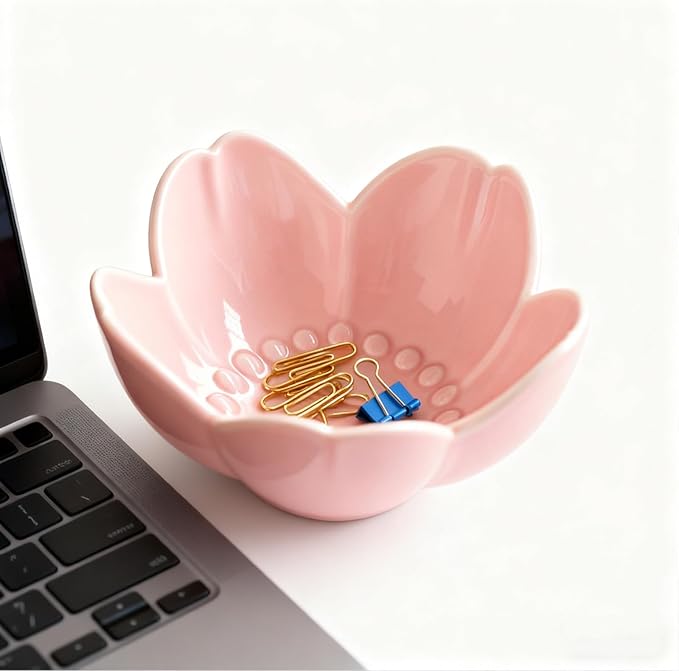 Pink Flower Ring Dish Jewelry Tray, Ceramic Jewelry Dish, Cute Small Trinket Tray, Nightstand Bathroom Decor Ring Holder, Jewlery Plate Bowl for Christmas Friendship Birthday Gifts for Women