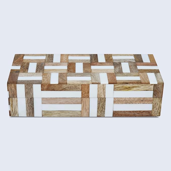 Handicrafts Home White Decorative Storage Box with Lid Wooden Coffee Table Storage Box Decorative Organizer for Living Room Decor – Resin Inlay Marquet Chase Collection - 10x4.5x2.5