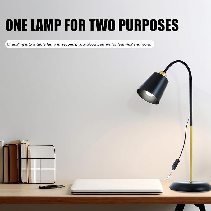 AoMck Floor Reading Lamp, Industrial Metal Floor Lamps for Living Room with Adjustable Bendable, 2 in 1 Reading Table Lamps for Living Room Bedroom Office, 12W Bulb Included (Black)