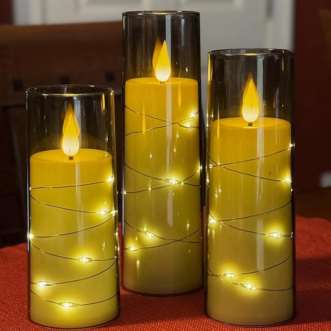 LED Candles Flickering with 2 Remote and Timer, 3 Pack Flameless Battery Operated Candles with 3D Flame and String Lights for Halloween Christmas Home Fall Fireplace Bedroom Decorations