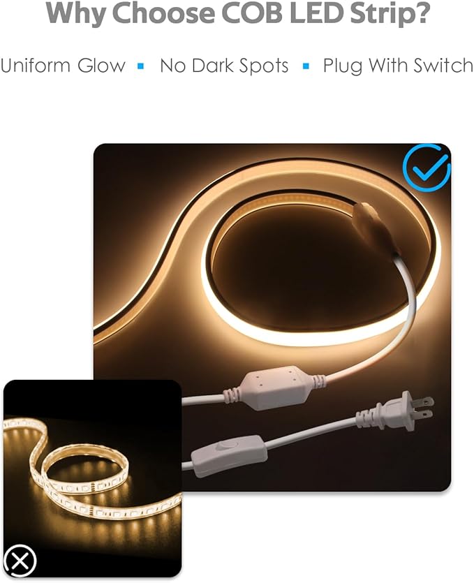 120V Led Rope Lights Outdoor Waterproof 150FT 3000K Flexible COB Led Strip Lights+ LED Strip Connectors Kit for Single Color AC 110V-130V 6.5 * 11mm COB LED Rope Lights Includes 3 Power Cords