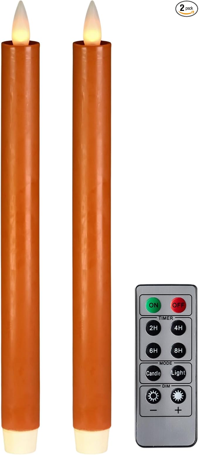 Flameless Taper Candles Flickering with Remote and Timer, 3D Moving Flame Taper Candle Battery Operated to 400 Hours, 9 Inch Window Candles, (Orange)