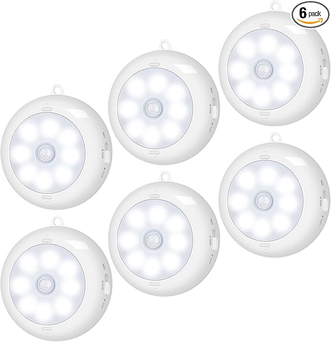 BLS Motion Sensor Light Indoor, Wireless LED Night Light, Under Cabinet Lighting, Battery Powered Puck Lights for Closet, Kitchen, Stairs, Wall, AA Battery Operated, Stick on, Dimmable, White, 6 Pack