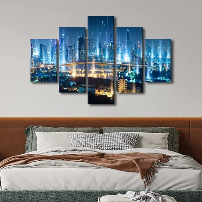 Men Bedroom Wall Decoration Modern City Landscape Poster Communication Network Picture Printing 5 Panel Smart City and Digital Poster Internet Workers Office Decoration Frame Ready to Hang 60x40 Inch